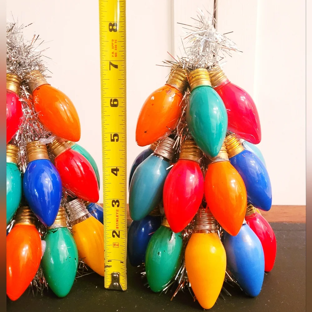 Set of 2 handmade vintage tinsel and lightbulb Christmas tree decorations